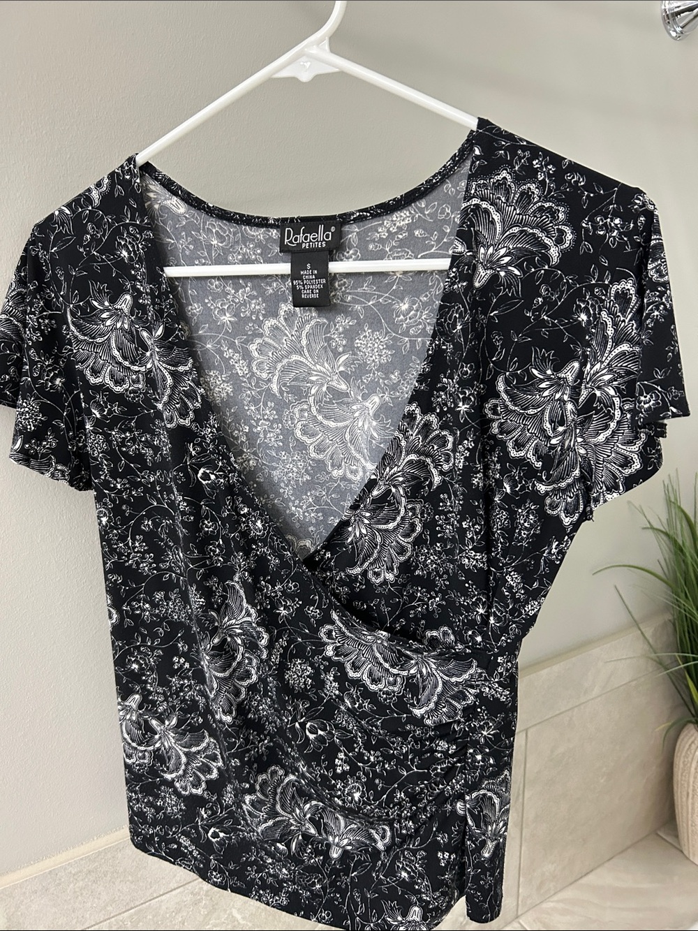 Black & White Floral Wrap-Style Top